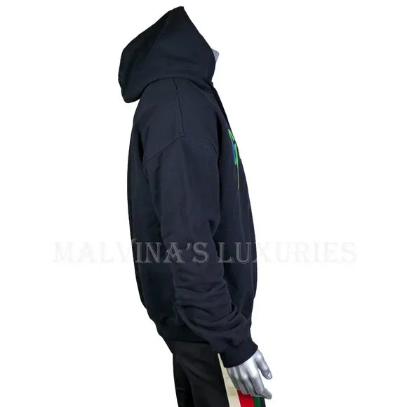 GUCCI MENS SWEATSHIRT BLACK COTTON HOODIE w BLADE LOGO sz L LARGE